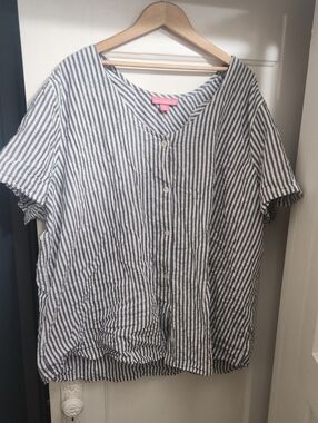 Woman Within 3x Short Sleeve Striped Blue and White Button-Front